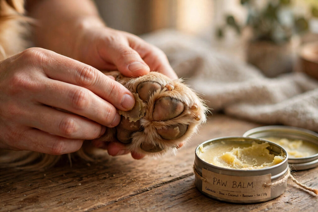Hands applying homemade paw balm to a dog paw pad