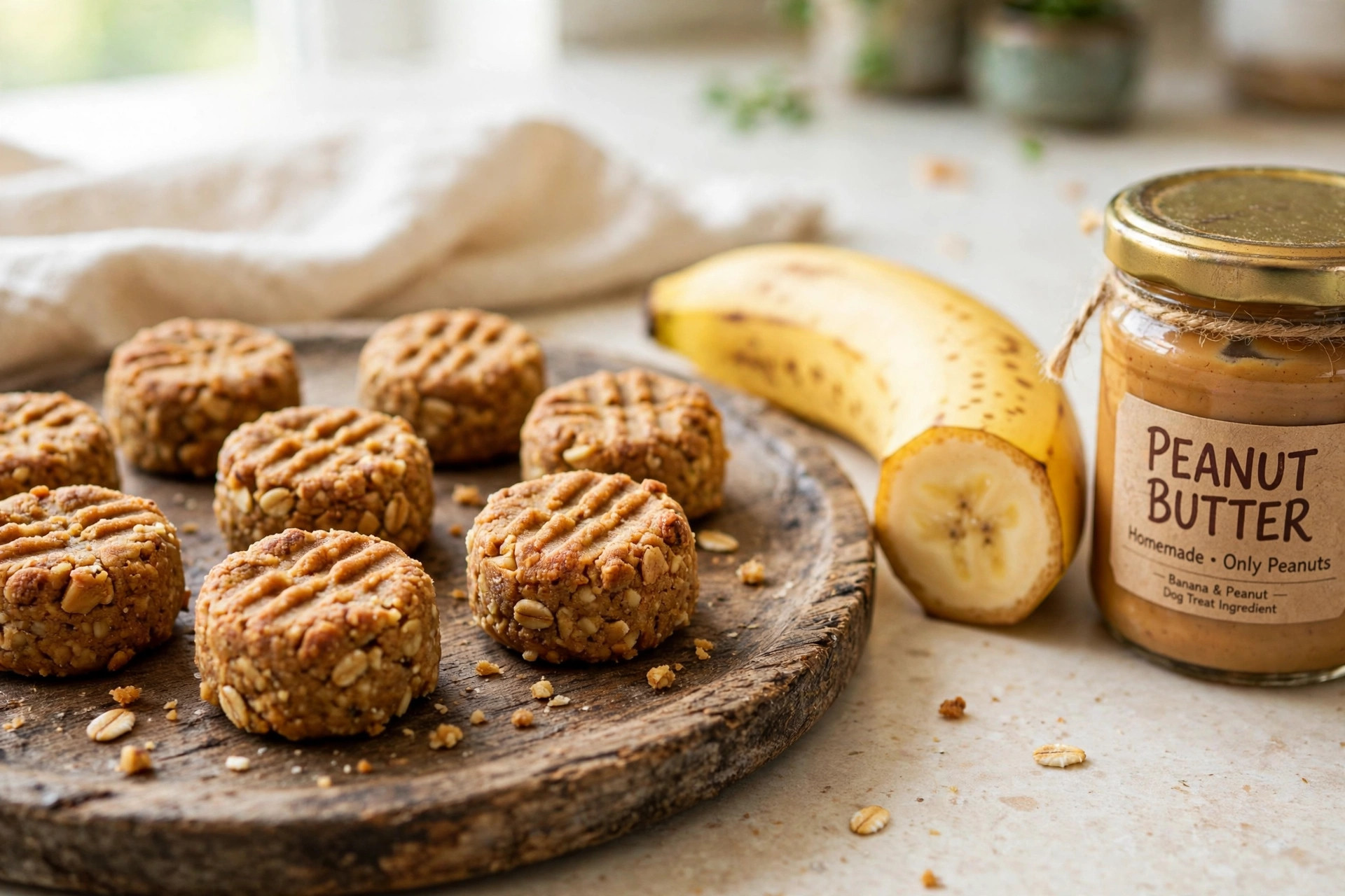 Homemade peanut butter banana dog treat bites on a wooden board with banana and peanut butter jar.