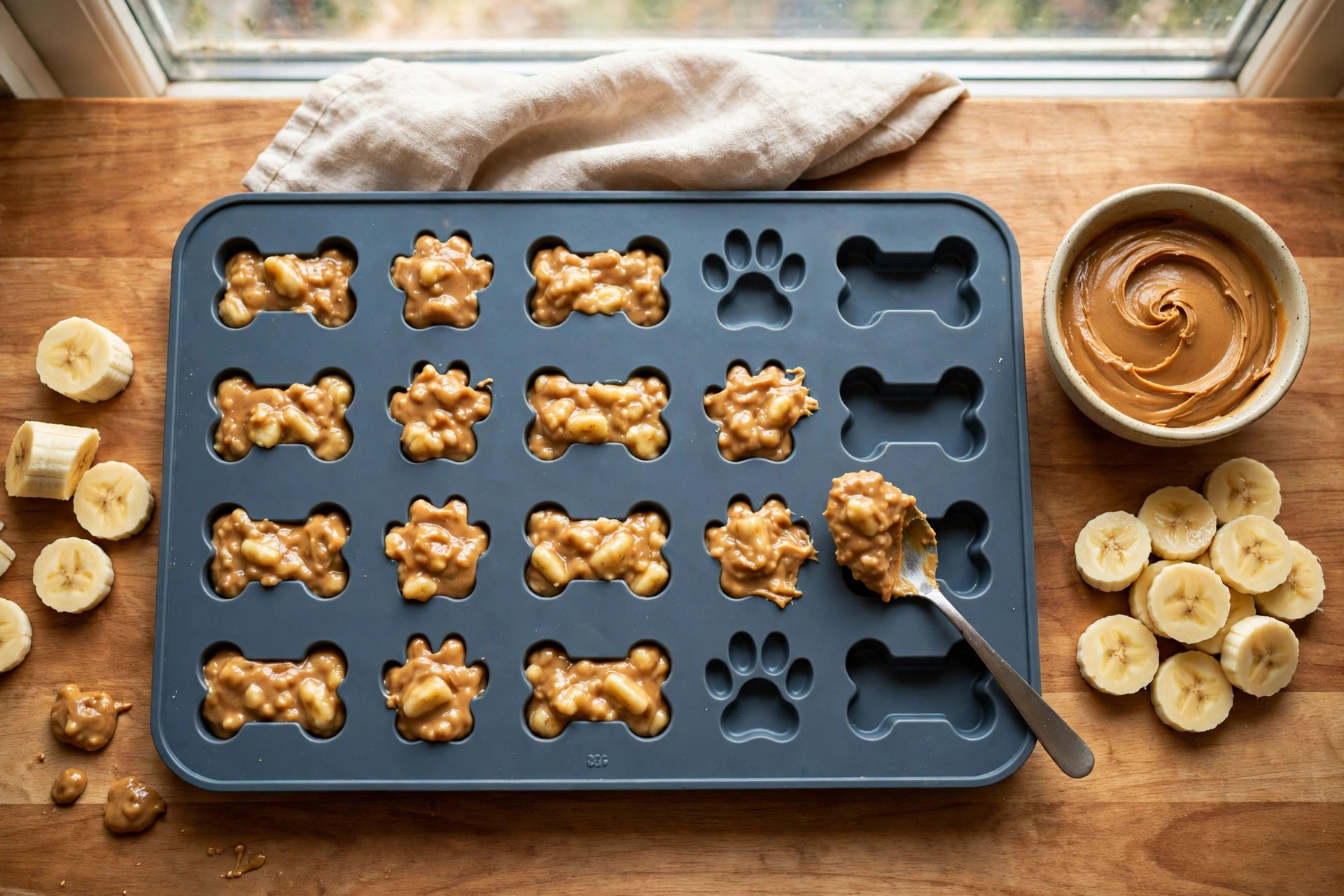 Silicone moulds filled with homemade peanut butter banana pupsicle refill mixture, with banana slices.