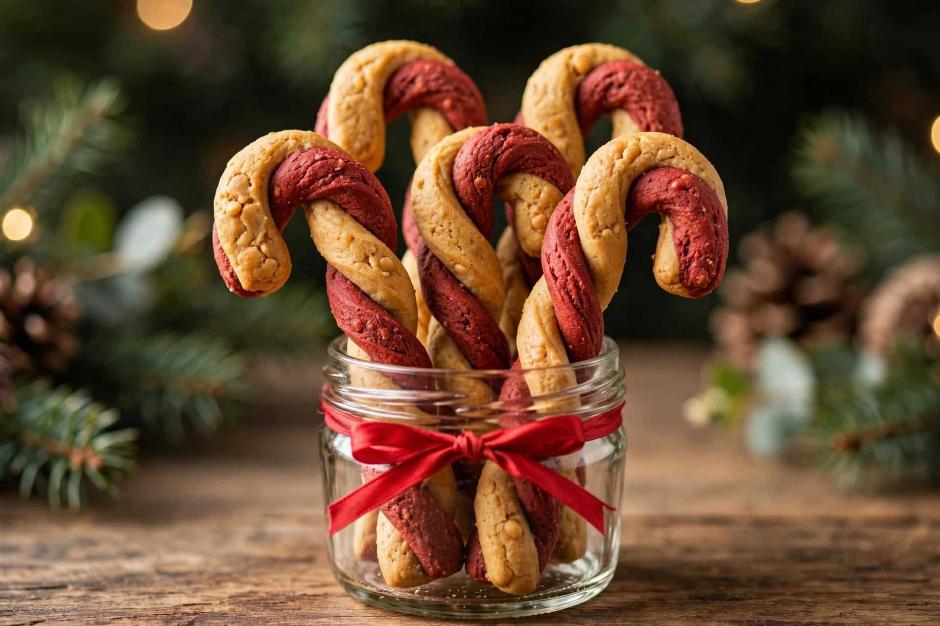Two-tone peanut butter candy cane dog biscuits standing in a glass jam jar with a red ribbon
