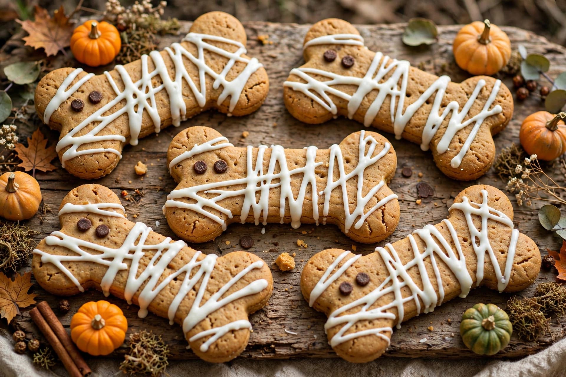 Peanut butter mummy bone dog treats with yoghurt bandages and carob chip eyes