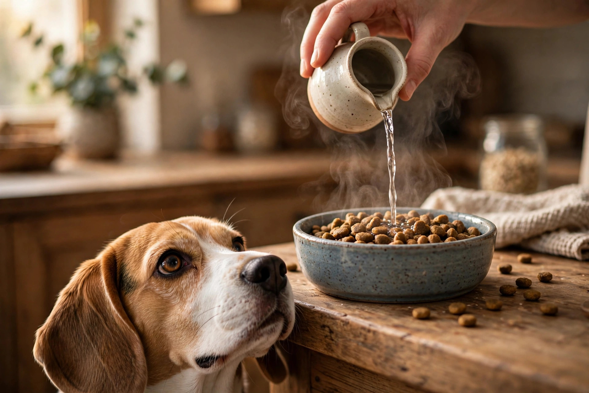 Hand pouring warm water over dry kibble in a dog bowl, steam rising, beagle sniffing nearby.