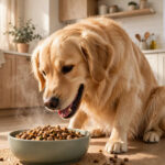 Golden retriever eating a warm bowl of dog food in a kitchen, steam rising from the bowl.