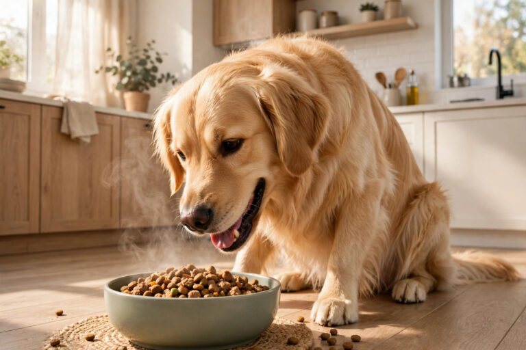 Golden retriever eating a warm bowl of dog food in a kitchen, steam rising from the bowl.