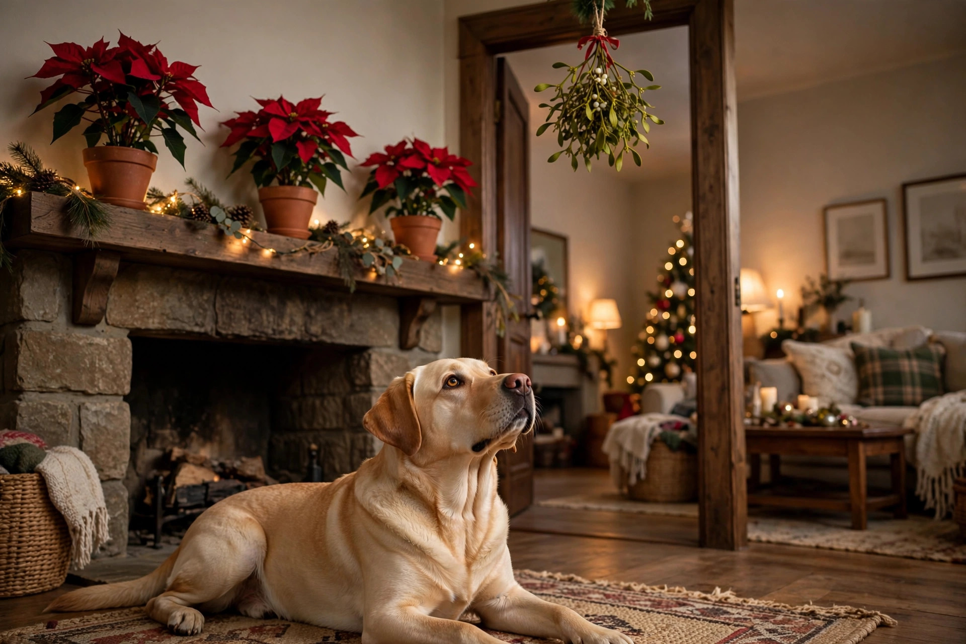 Poinsettias and mistletoe kept on high shelves out of a dog's reach