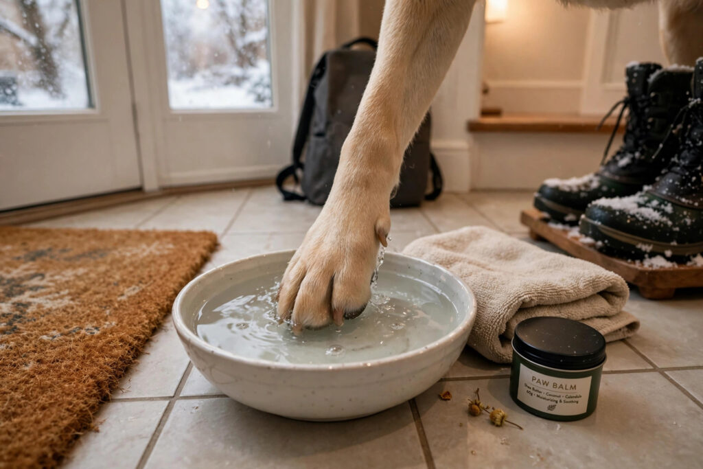 Dog paw being rinsed in a bowl of lukewarm water after a winter walk