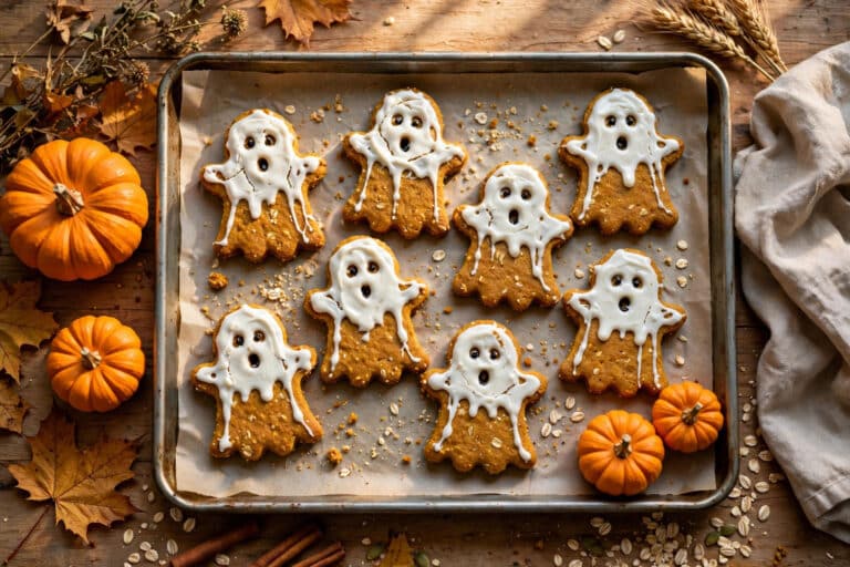 Homemade Halloween dog treats — pumpkin ghost biscuits decorated with yoghurt on a baking tray