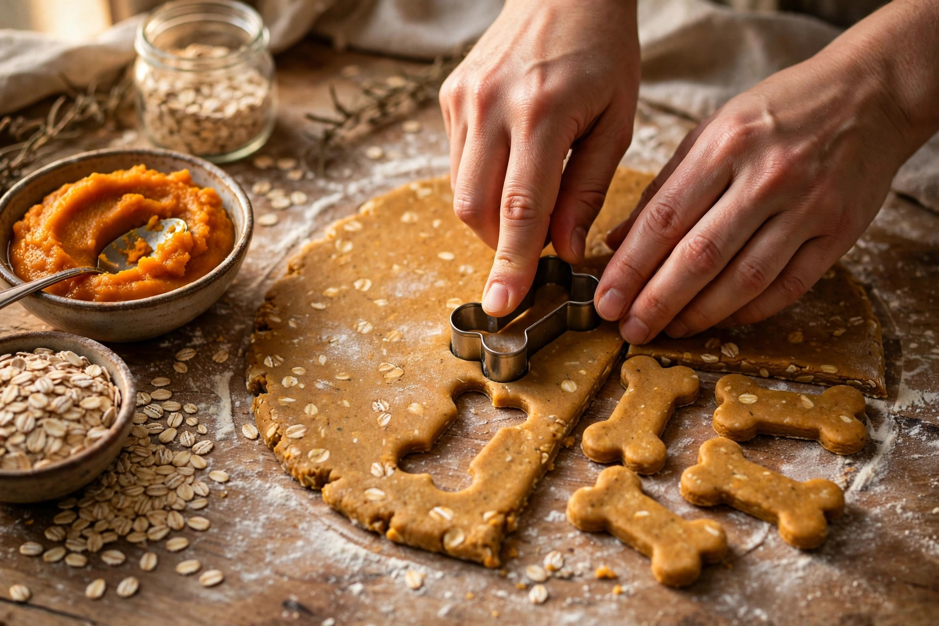 Hands cutting bone-shaped pumpkin oat dog biscuits from rolled dough.