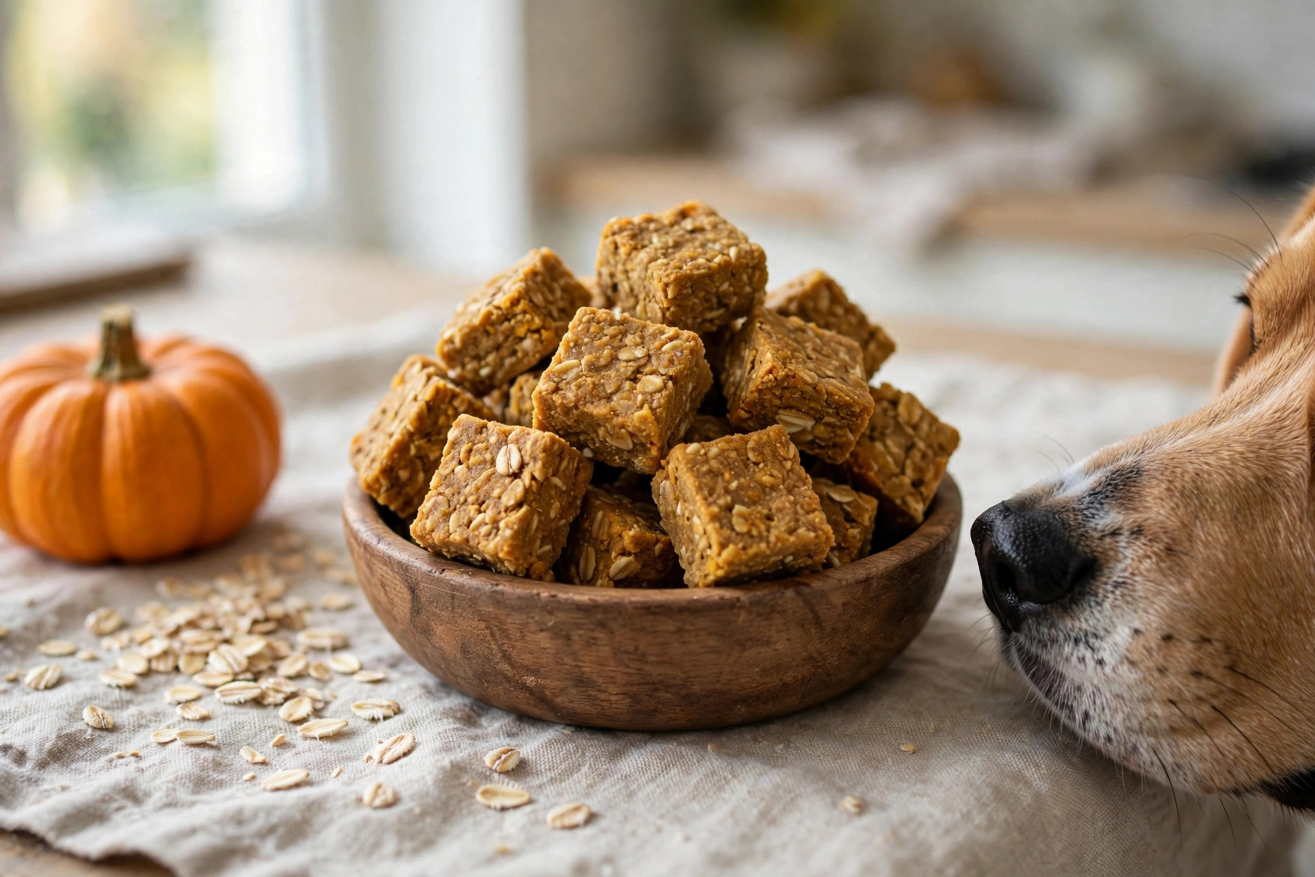 Homemade pumpkin and oat dental crunchers for dogs in a wooden bowl.