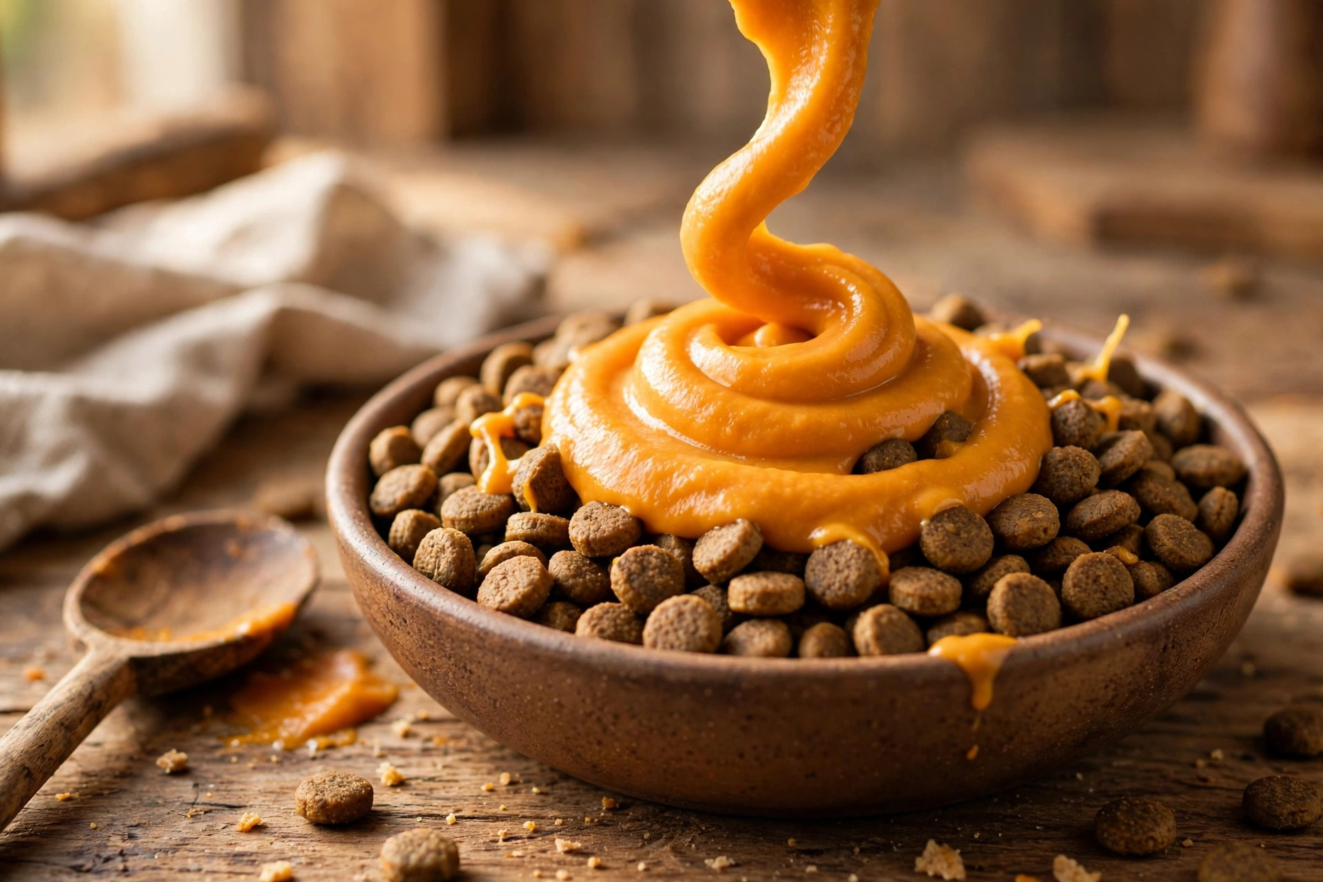 Pumpkin pour-over drizzling over a bowl of dog kibble.
