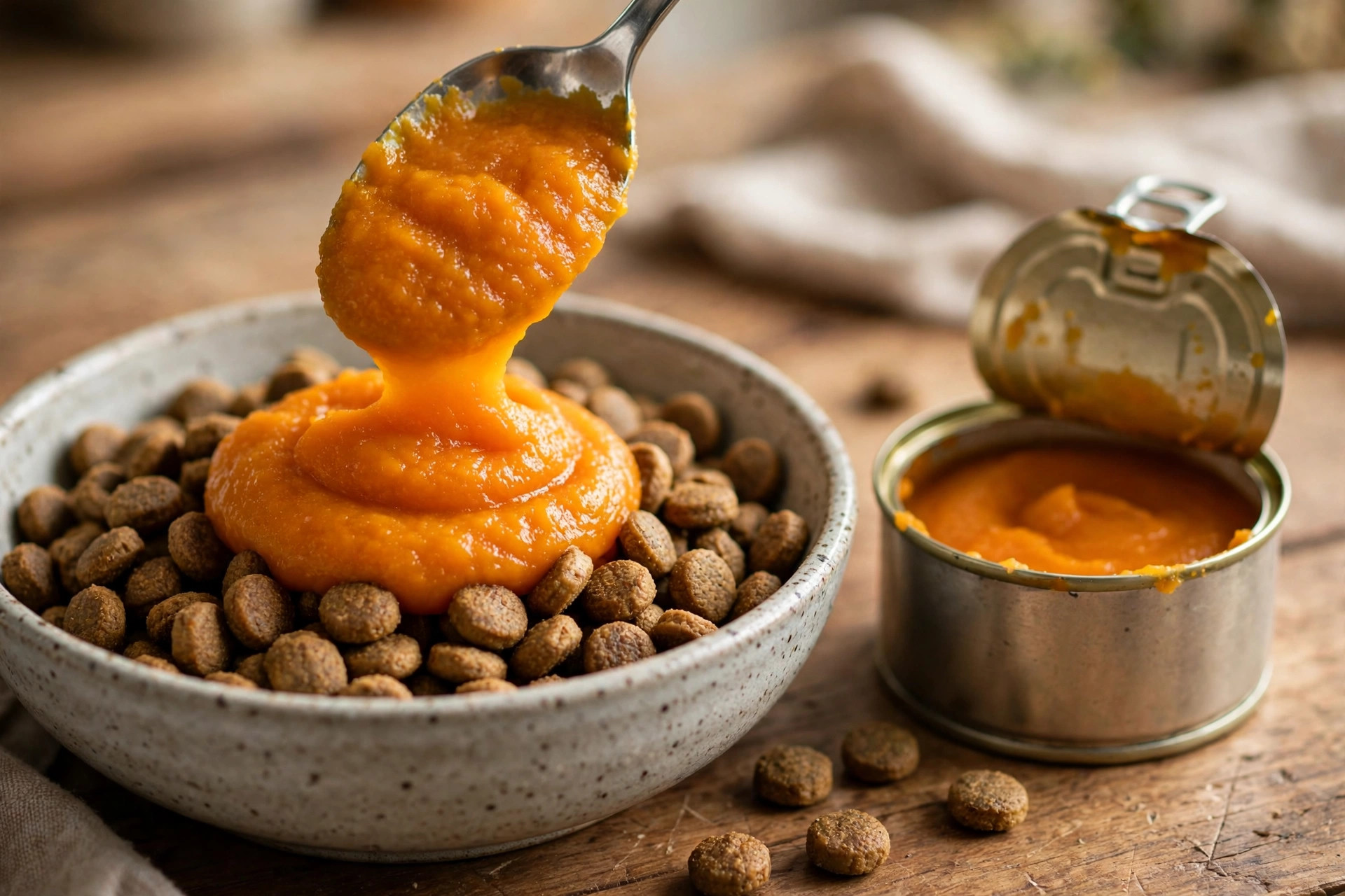 Plain pumpkin puree being spooned over dog kibble