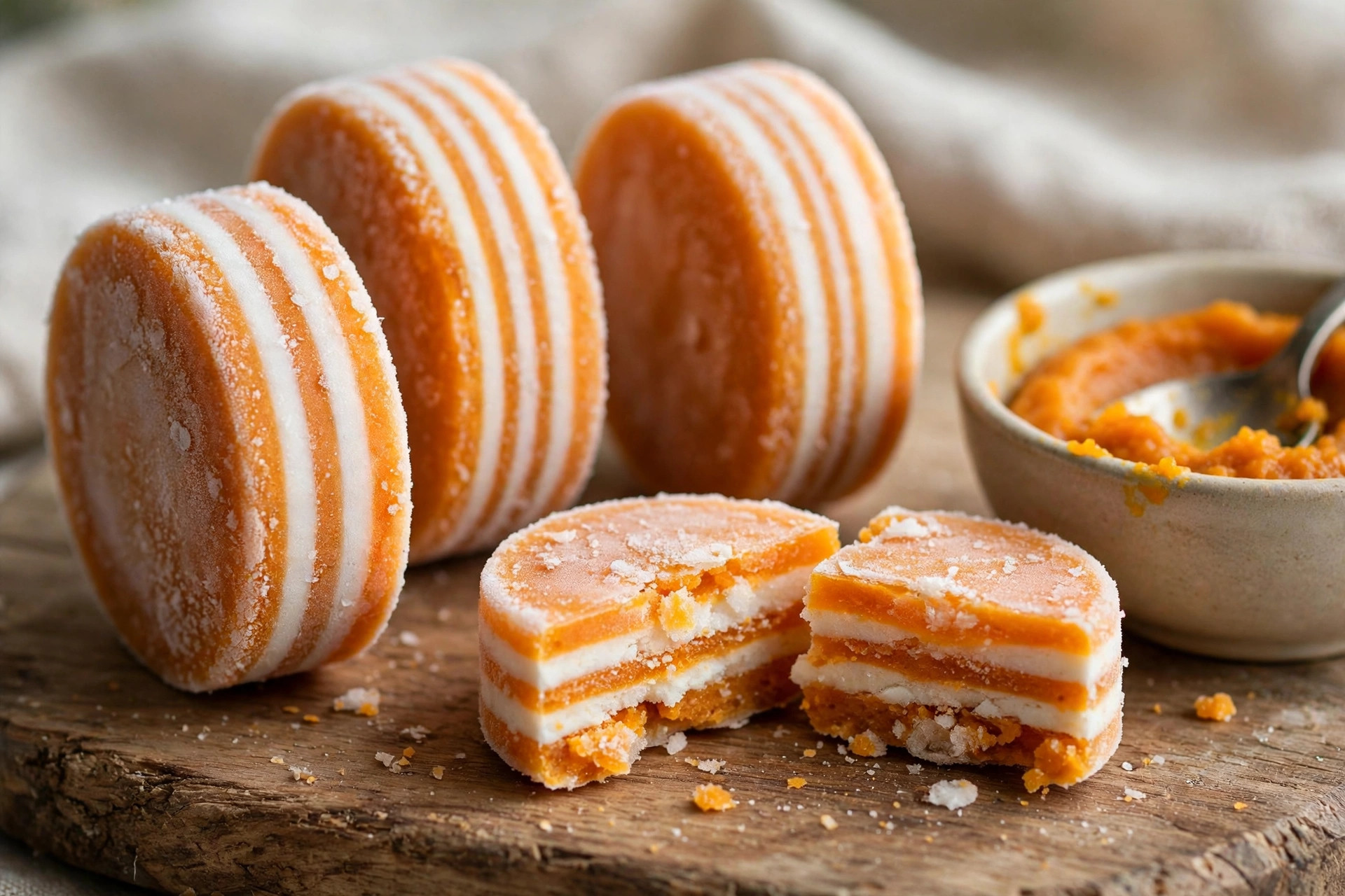 Layered orange and white pumpkin-yoghurt frozen pupsicle refills for dogs.