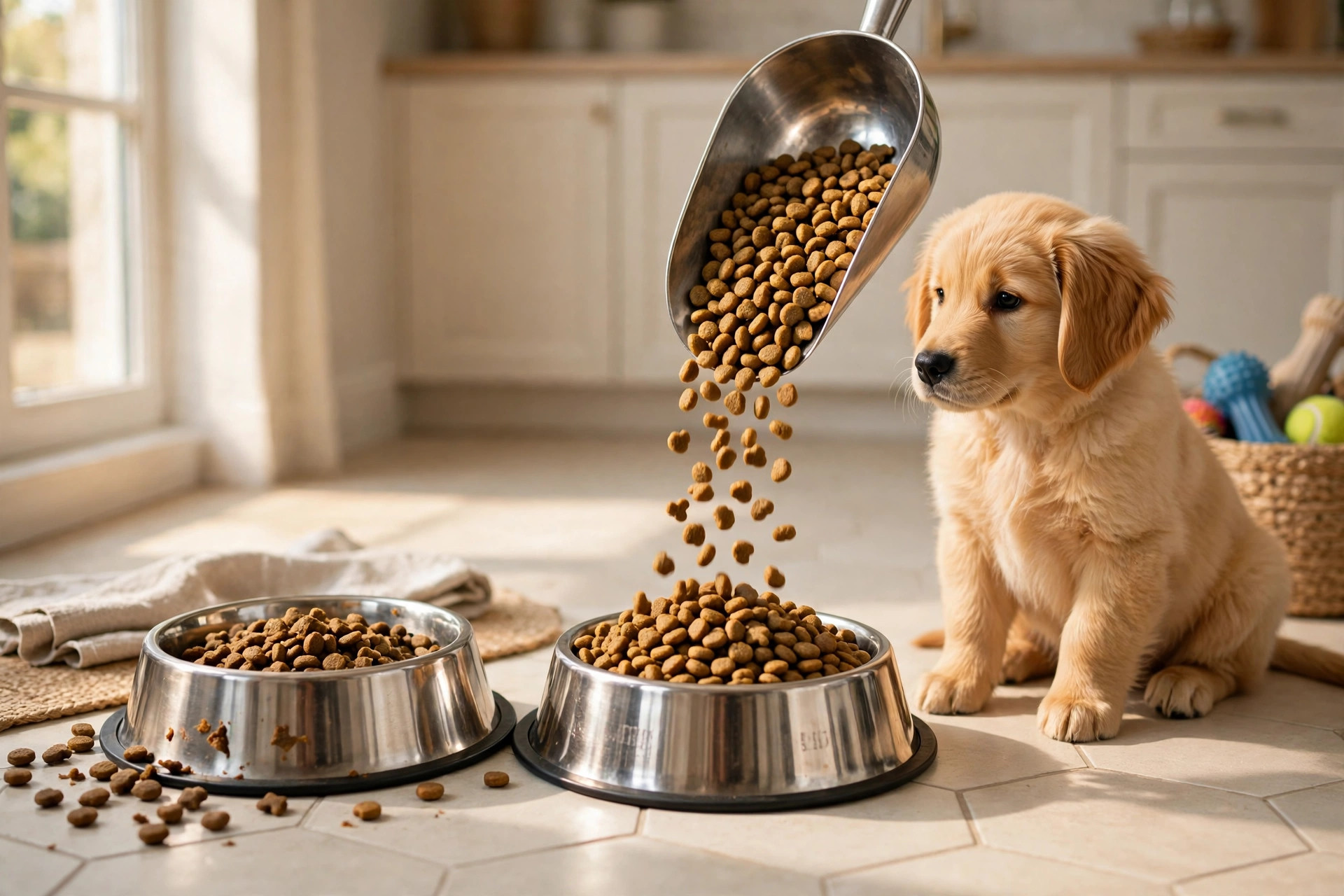Two dog food bowls side by side showing old and new food when switching a puppy to adult food.