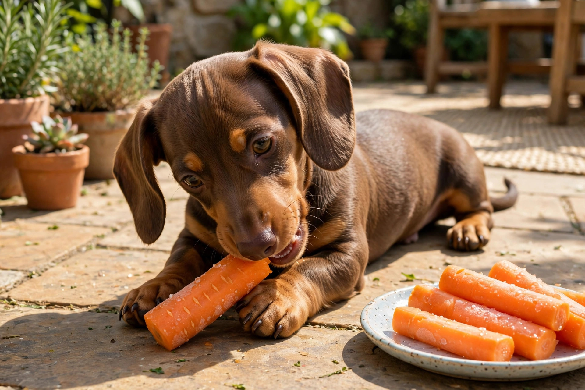 Dachshund puppy gnawing a chilled carrot stick on a sunny patio.