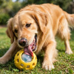 Golden retriever licking a frozen treat from a Pupsicle-style freezable dog toy.
