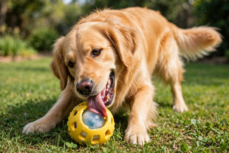 Golden retriever licking a frozen treat from a Pupsicle-style freezable dog toy.