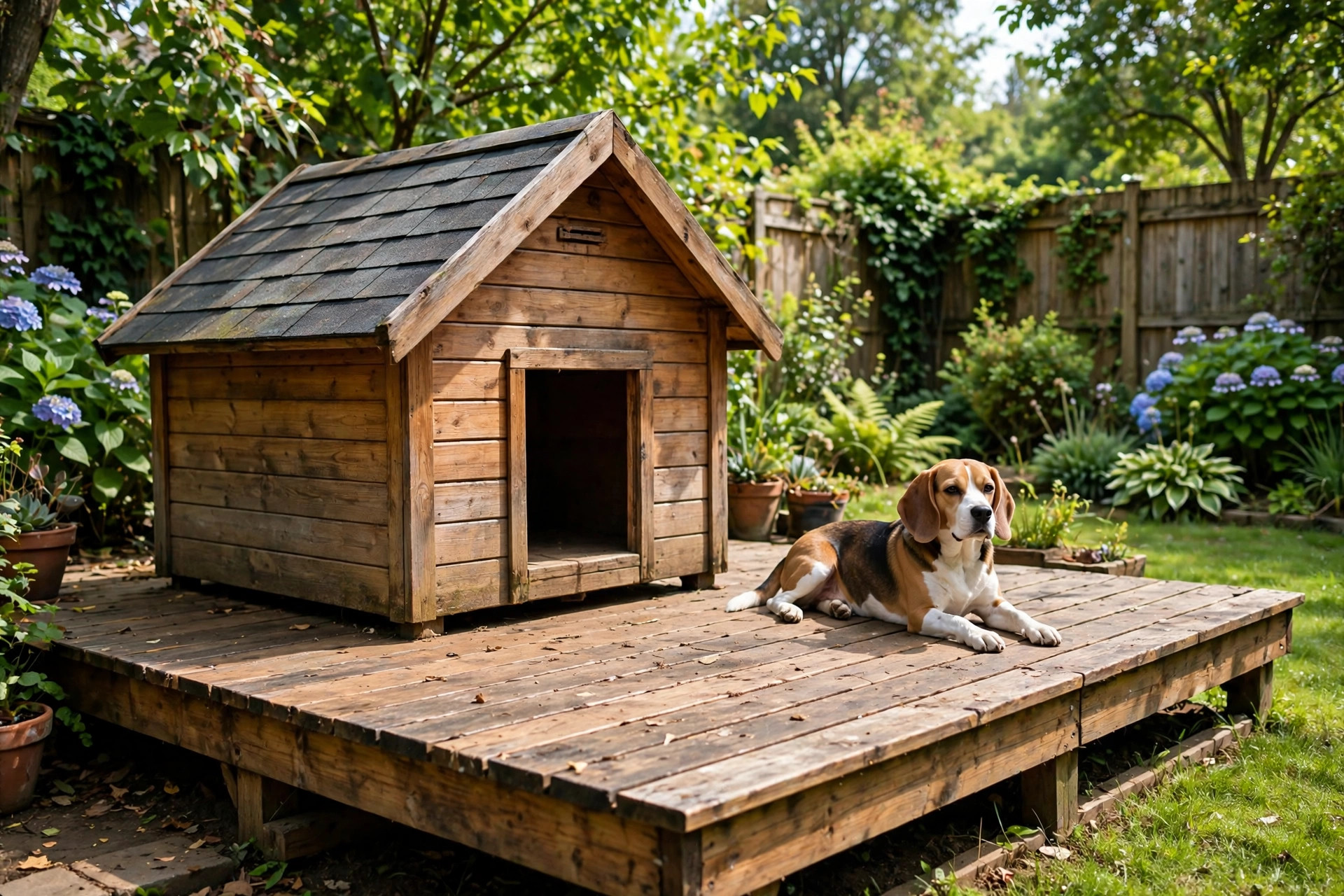 Wooden dog house on a raised deck platform with a beagle lounging beside it in a backyard.