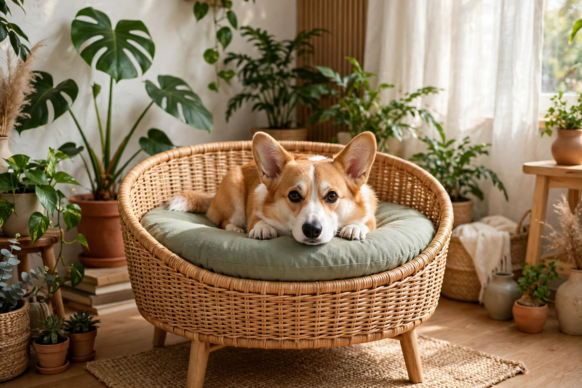 Corgi resting in a woven rattan dog bed with a sage cushion in a plant-filled living room.