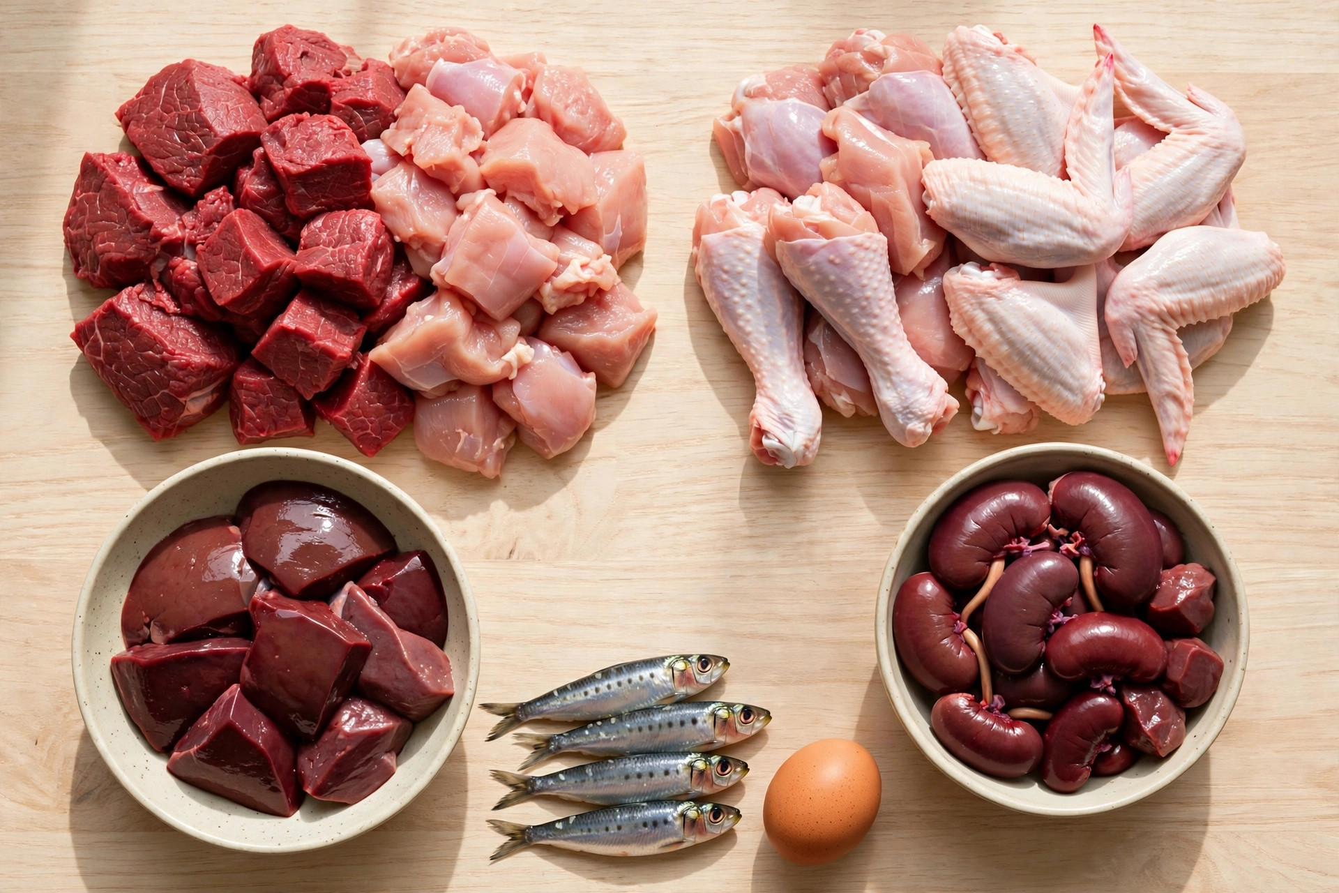 Raw dog food ingredients flat-lay: muscle meat, raw meaty bones, liver, kidneys, sardines and egg