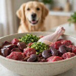 Balanced raw dog food bowl with meat, meaty bones, organs and vegetables, dog waiting nearby