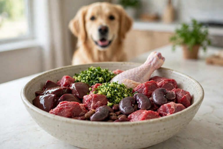 Balanced raw dog food bowl with meat, meaty bones, organs and vegetables, dog waiting nearby