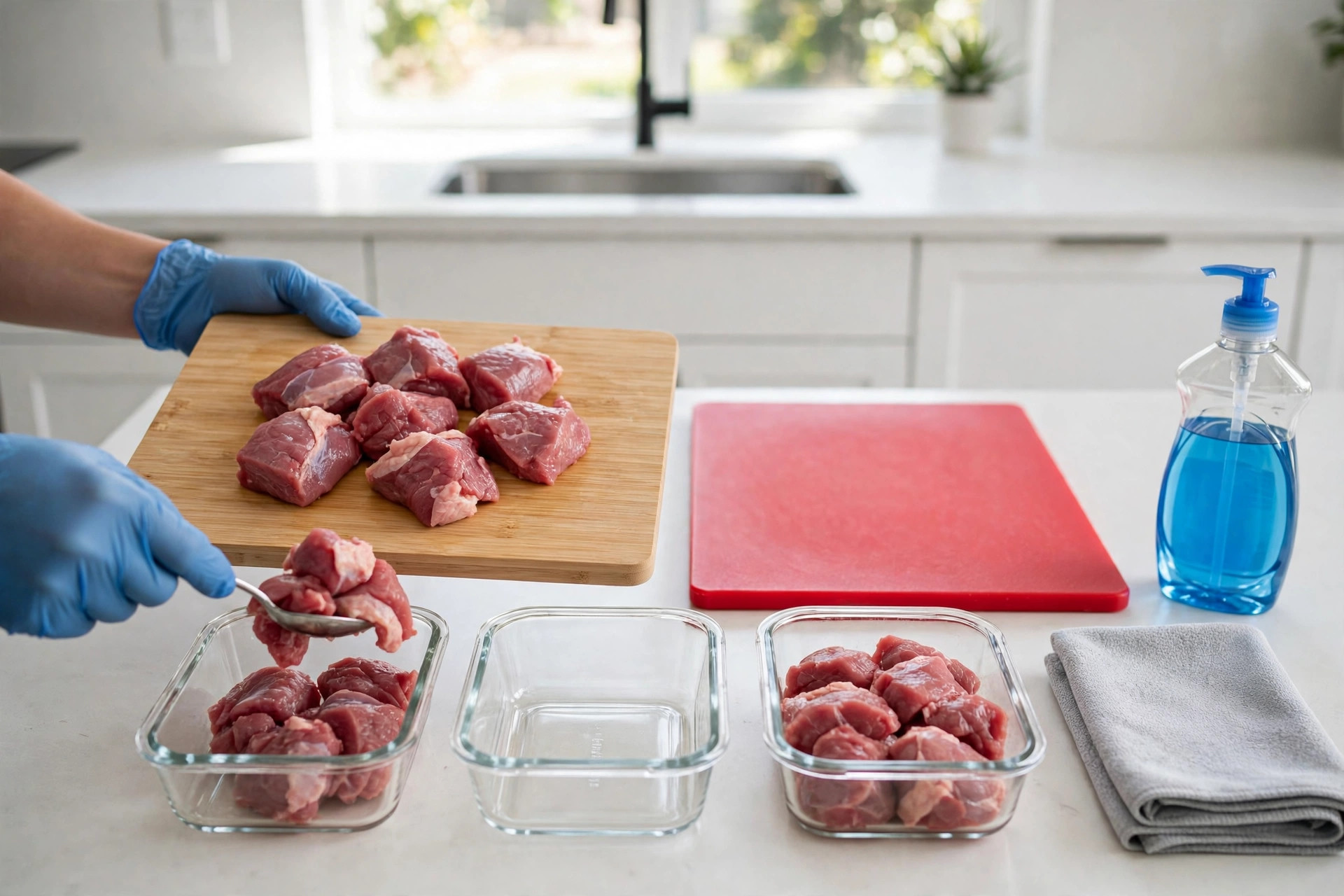 Gloved hands portioning raw dog food into meal-prep containers with hygiene supplies