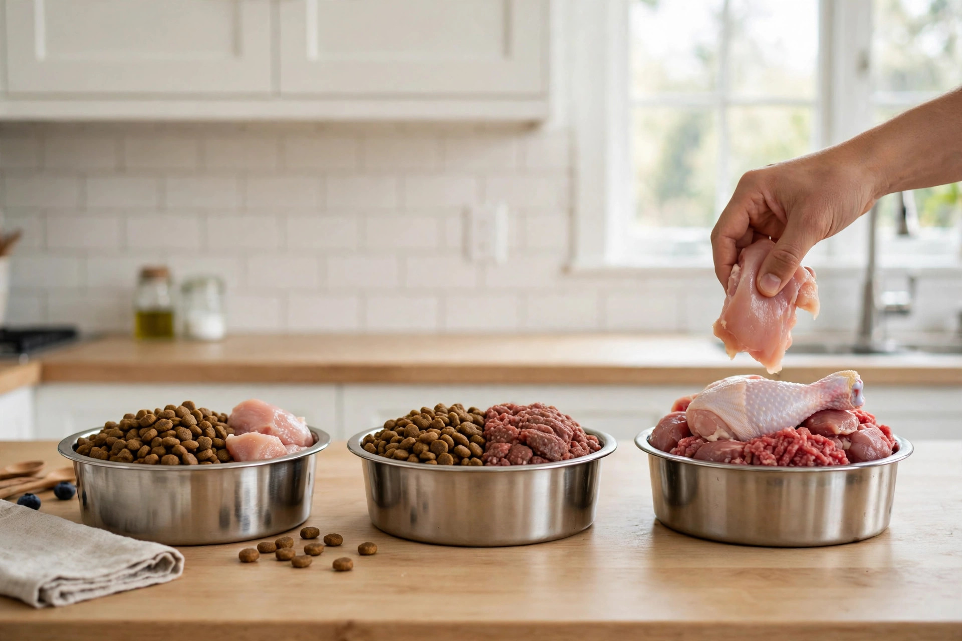 Three bowls showing the 7-day transition from kibble to raw dog food