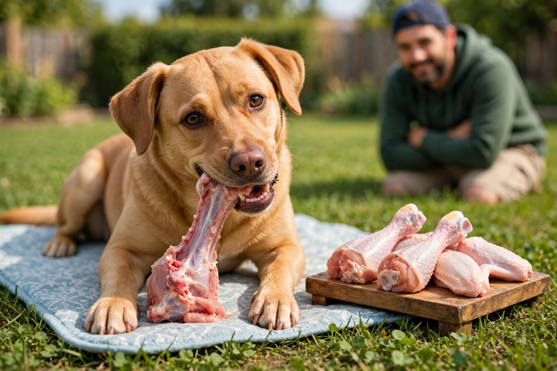 Dog chewing a raw meaty bone outdoors under supervision
