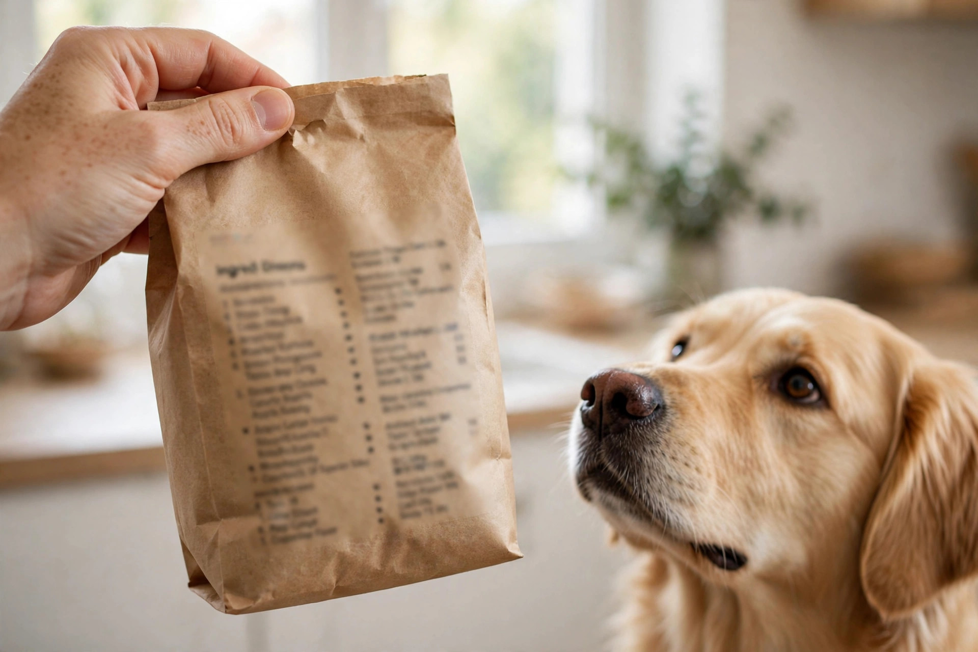 Owner reading the ingredient list on a dog treat bag with a golden retriever watching.