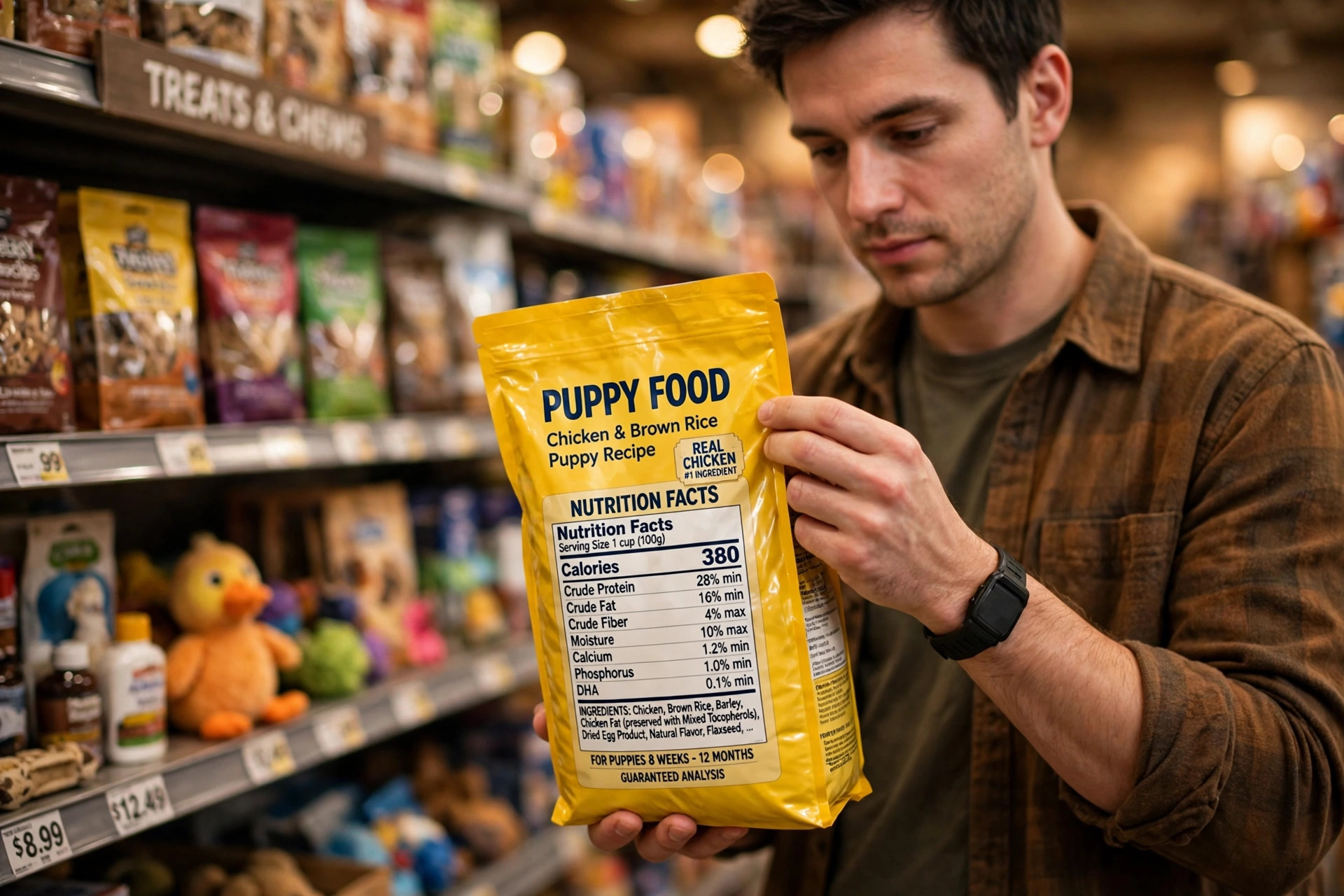 Person reading the nutrition label on a puppy dog food bag in a pet store.