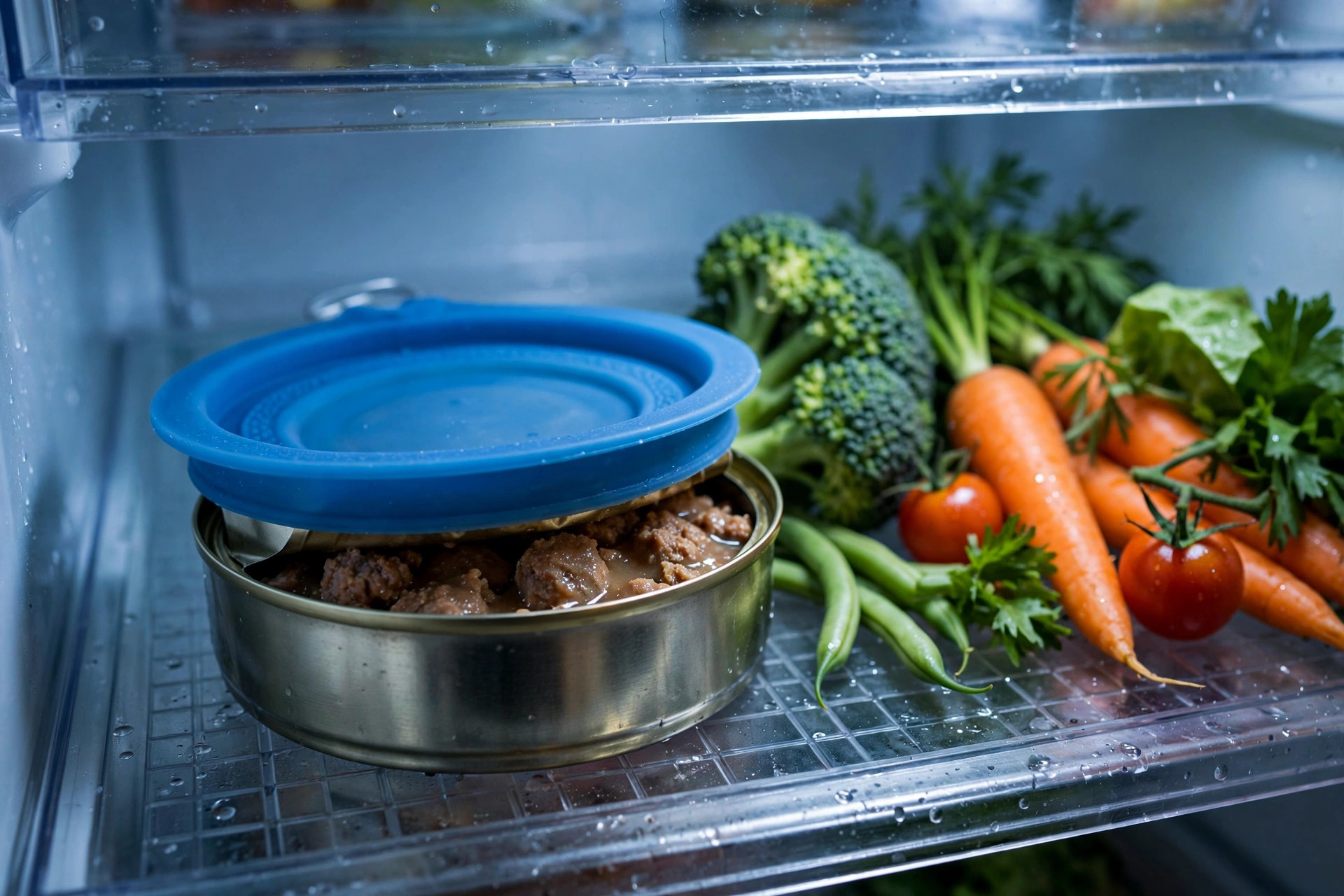 open wet dog food can with blue silicone lid in a fridge