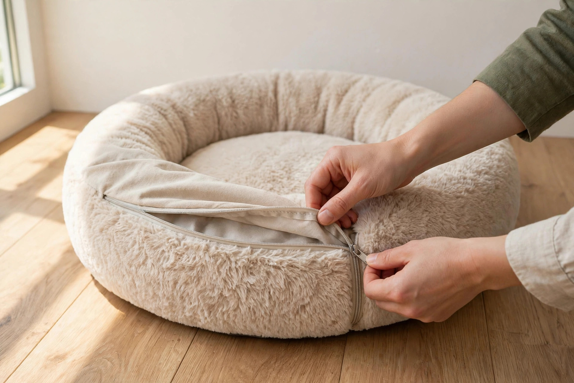 Hands unzipping a removable washable cover from a round dog bed.