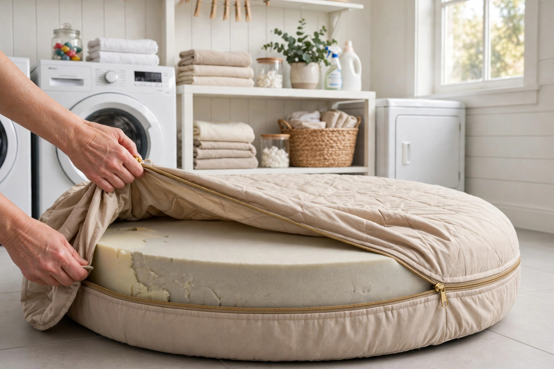 Hands unzipping a washable cover from a round dog bed cushion.