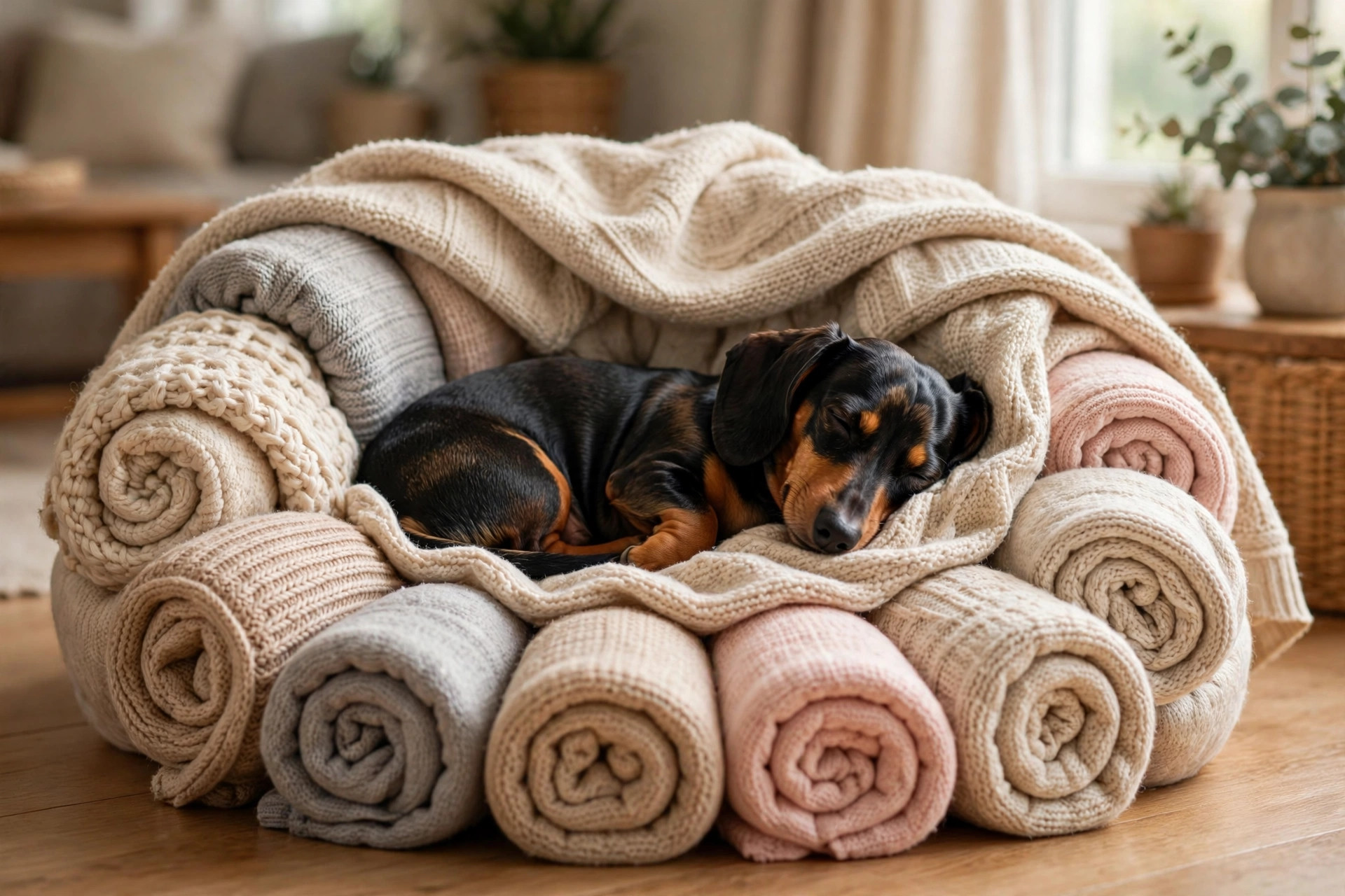 Dachshund nestled in a nest of rolled blankets, a no-sew dog bed variation for burrowers.