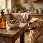 Bottle of salmon oil with pump top beside a dog food bowl, golden retriever watching.