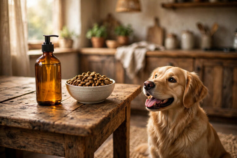 Bottle of salmon oil with pump top beside a dog food bowl, golden retriever watching.