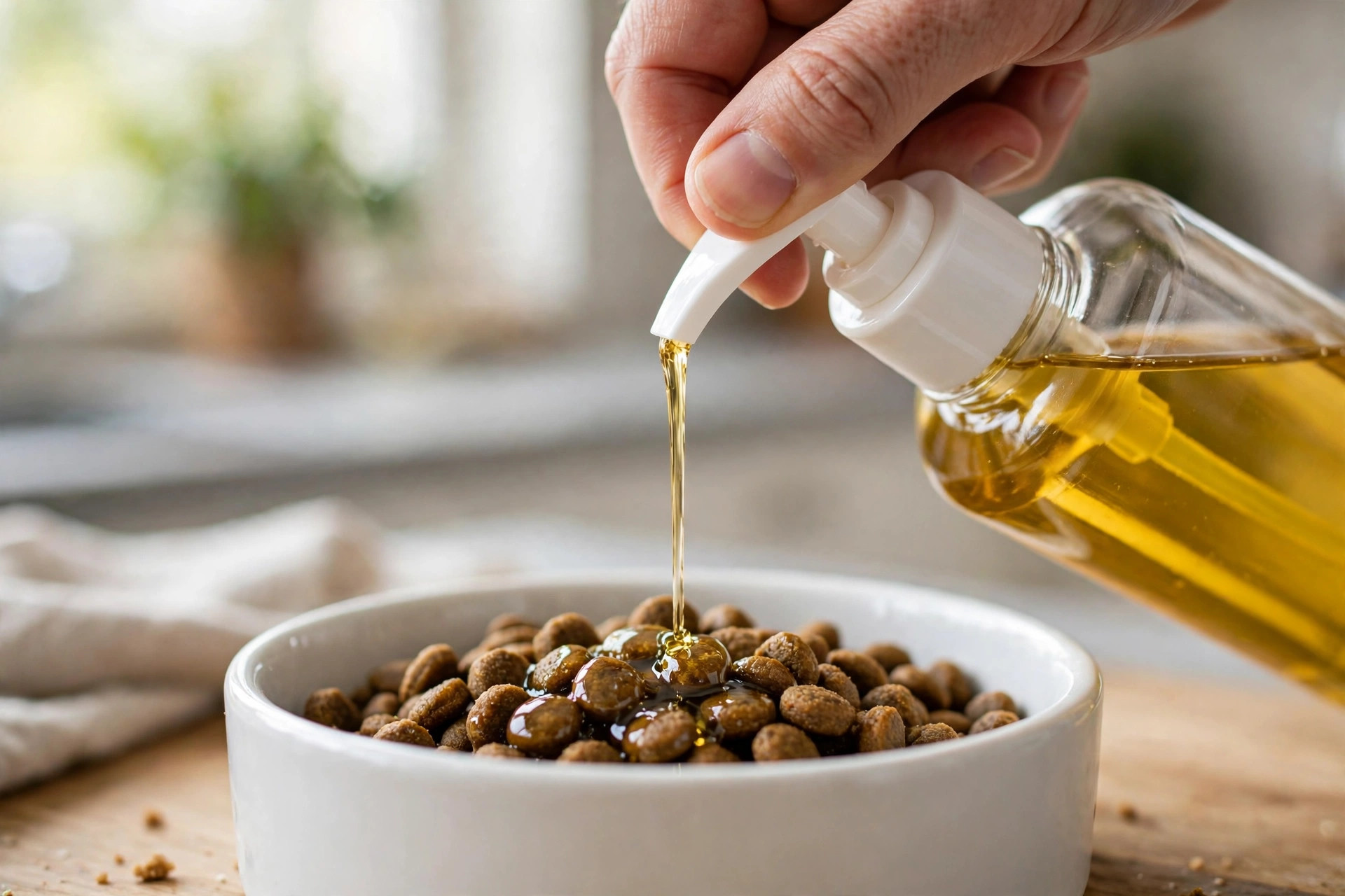 Hand pumping golden salmon oil onto kibble in a dog bowl.