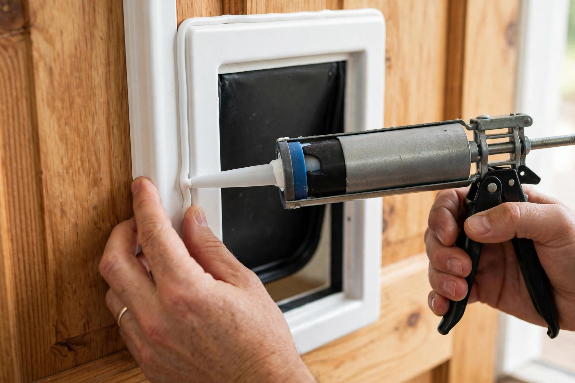 Hands applying silicone sealant around a white dog door frame fitted in a wooden door.