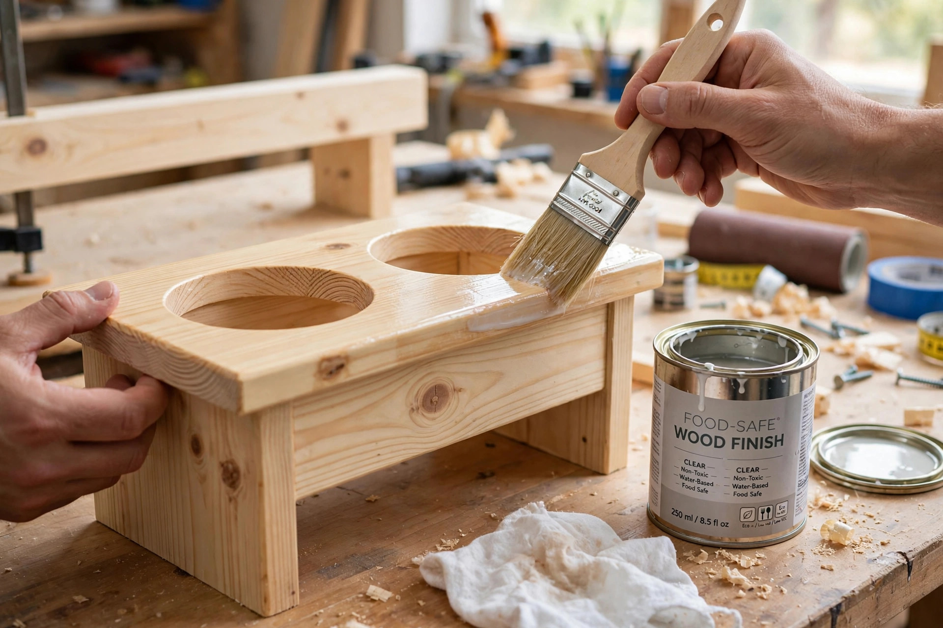 Brushing food-safe wood finish onto a DIY raised dog feeder stand.
