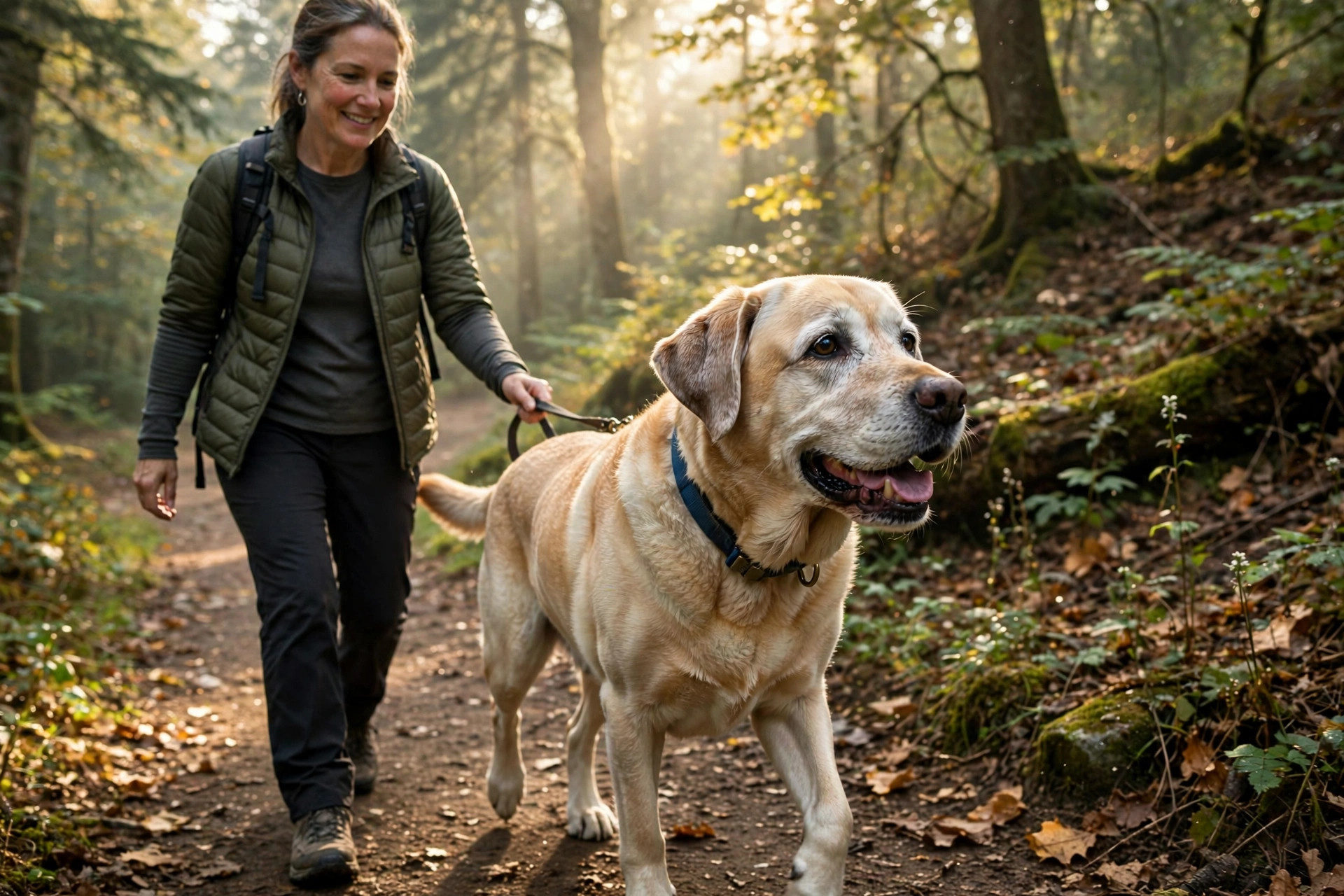 Senior labrador retriever walking comfortably on a forest path with its owner.