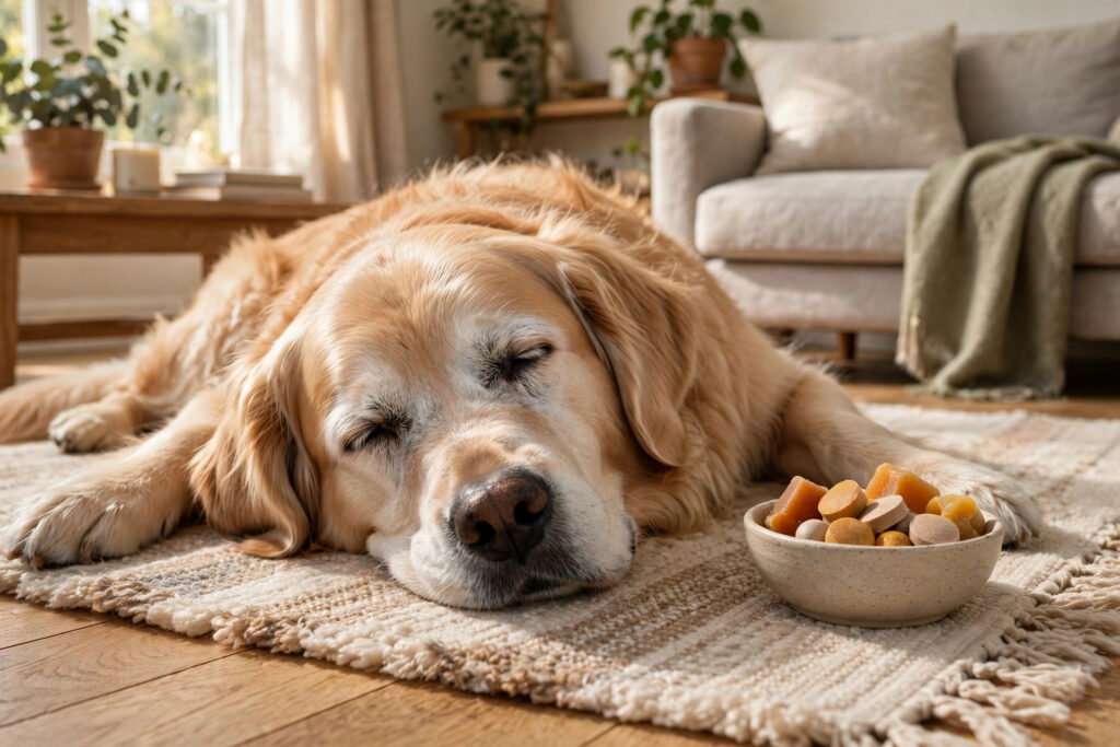 Senior golden retriever resting with a bowl of dog vitamin chews.
