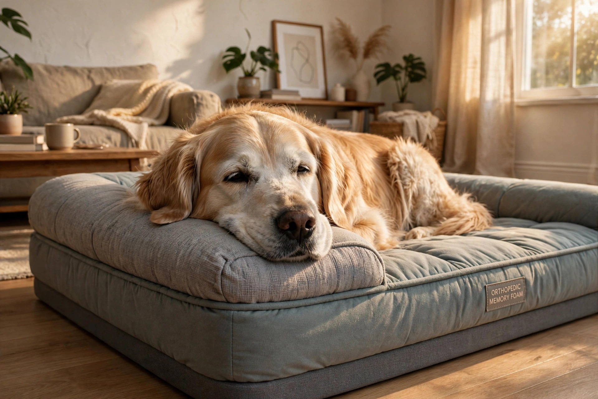 Senior golden retriever resting on a grey orthopedic memory-foam dog bed