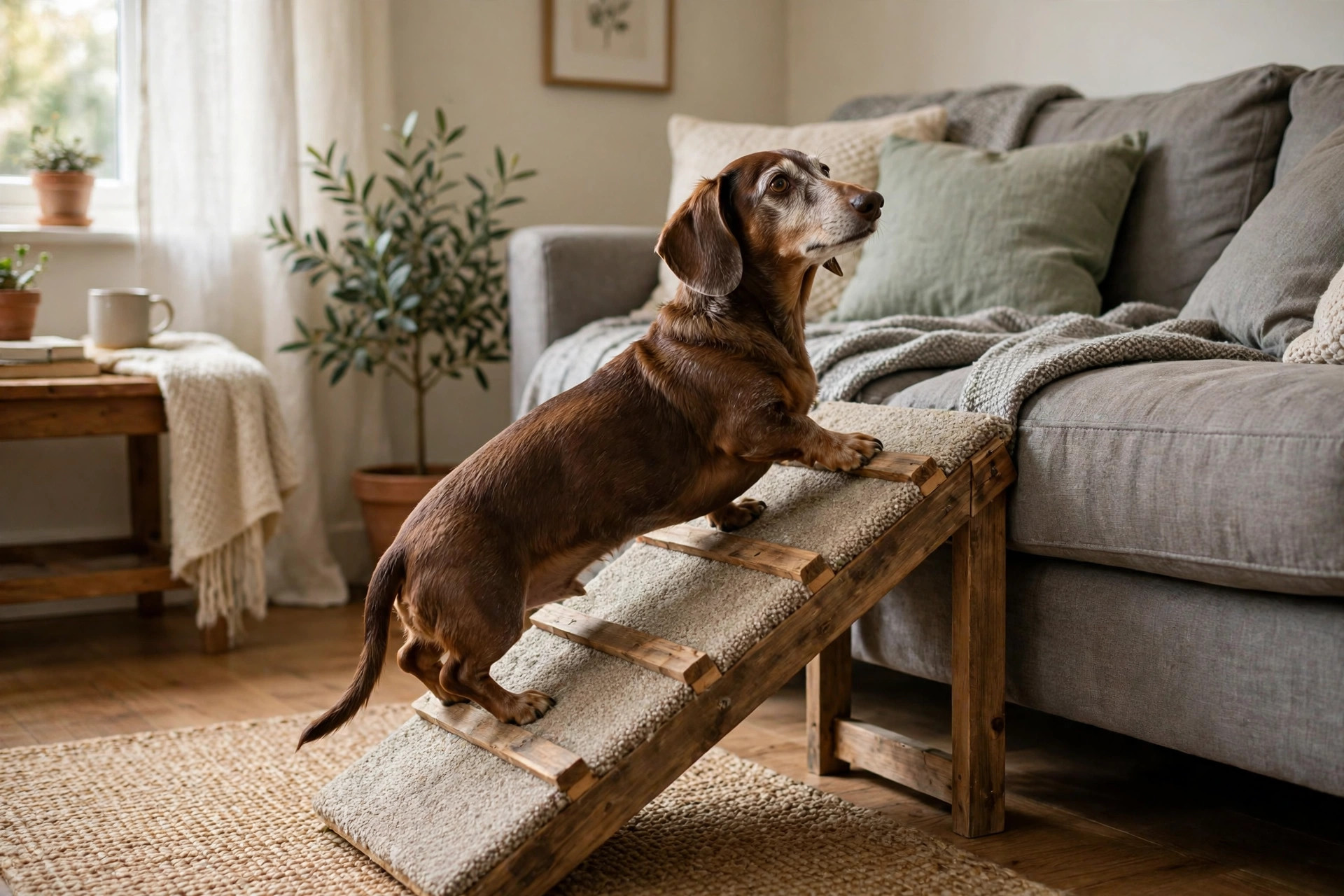 Senior dachshund walking up a carpeted DIY dog ramp onto a couch.