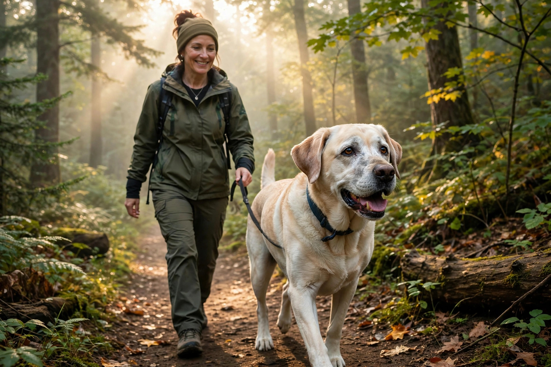 Happy senior yellow labrador walking on a forest trail with its owner.