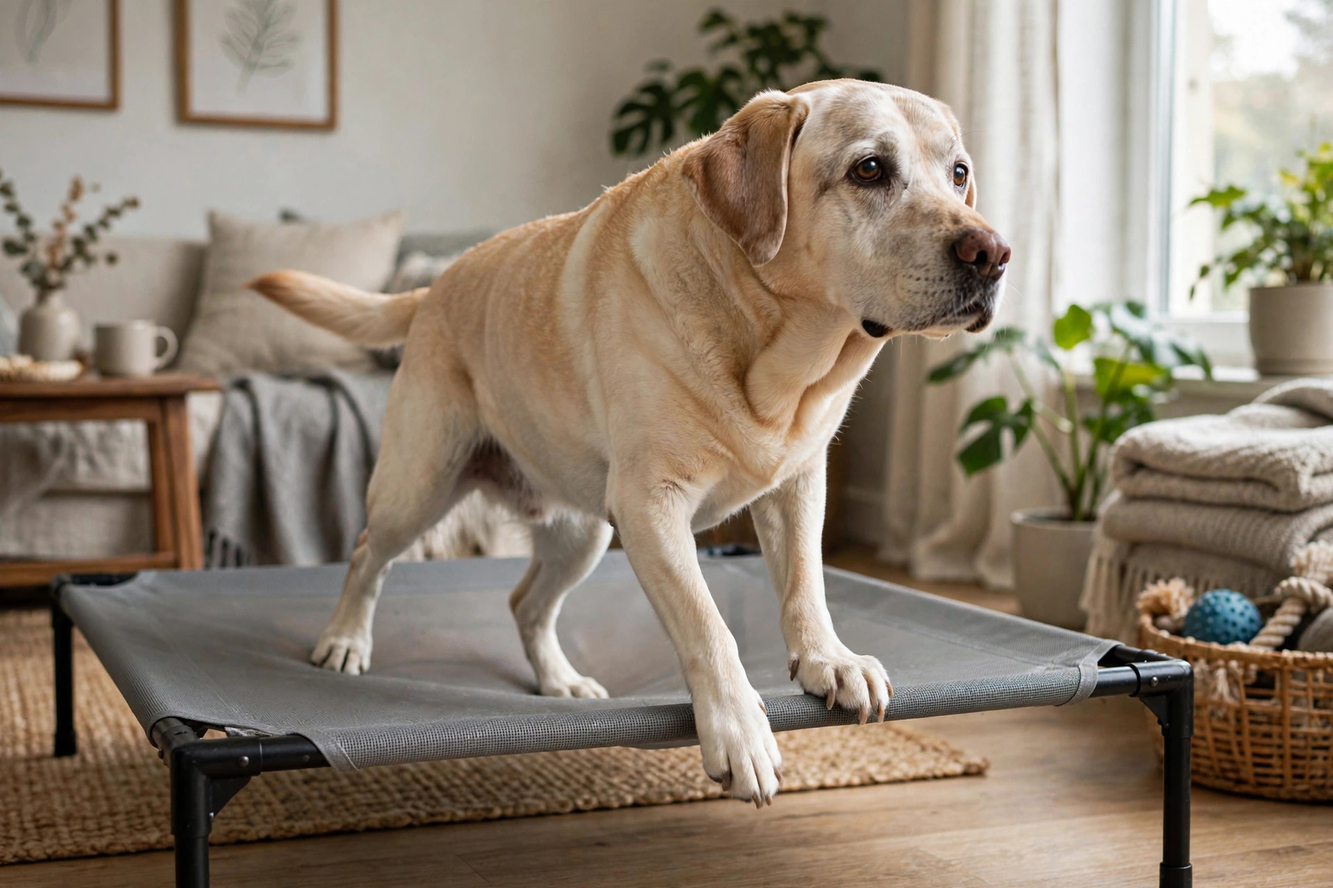 Senior yellow labrador pushing up to stand from a grey elevated mesh dog bed at home.