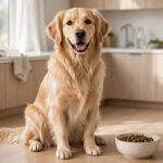 Happy golden retriever sitting next to a bowl of limited-ingredient dog food for sensitive stomachs.
