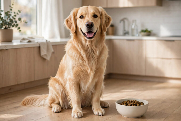 Happy golden retriever sitting next to a bowl of limited-ingredient dog food for sensitive stomachs.