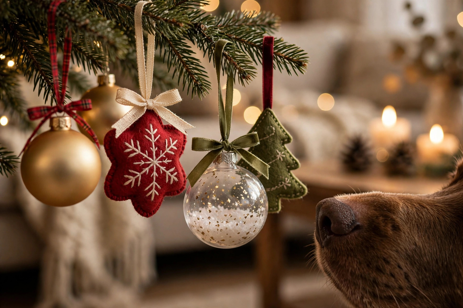 Shatterproof Christmas ornaments hung with ribbon, dog nose nearby