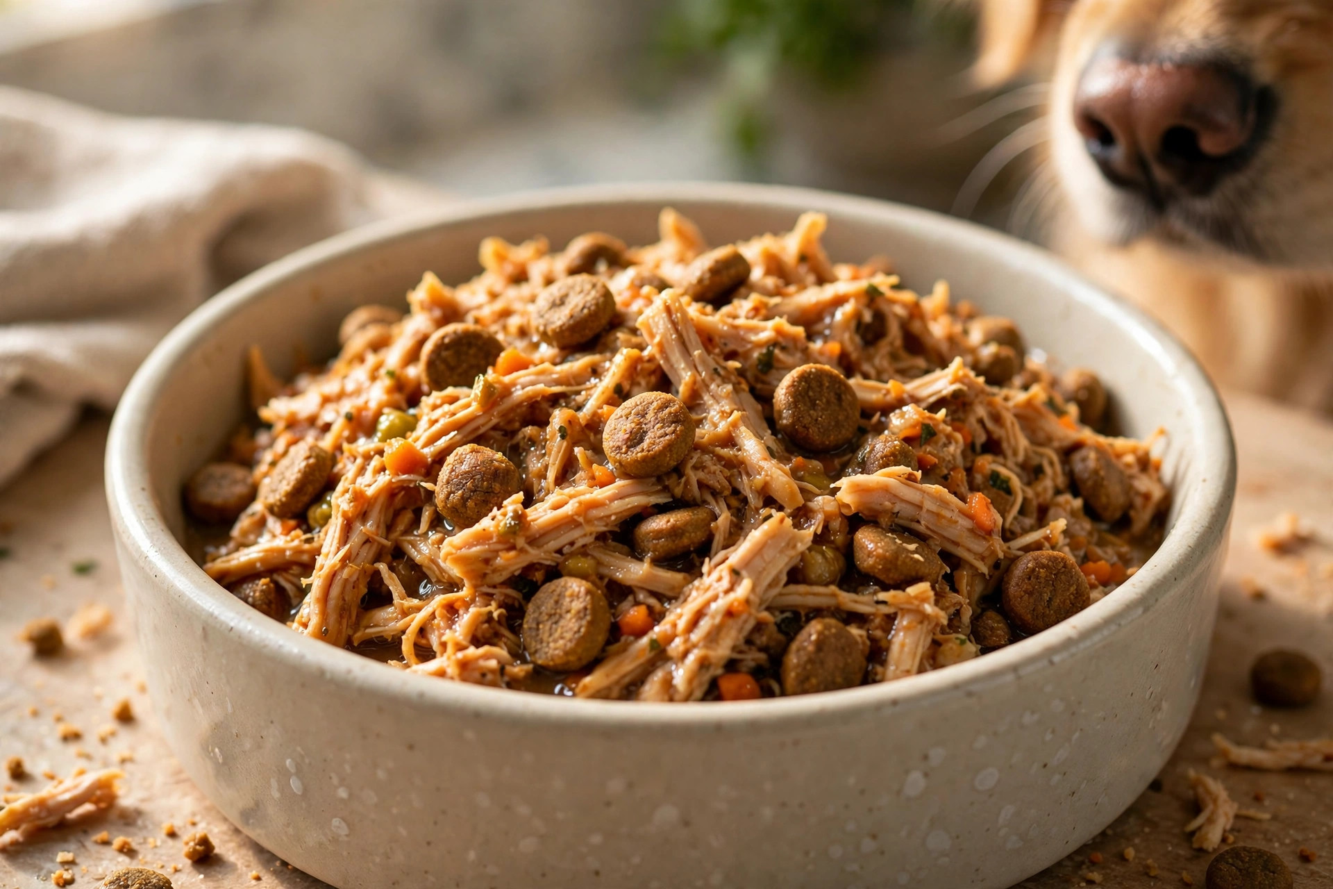 Close-up of shredded chicken-blend dog food mixed with kibble in a ceramic bowl.