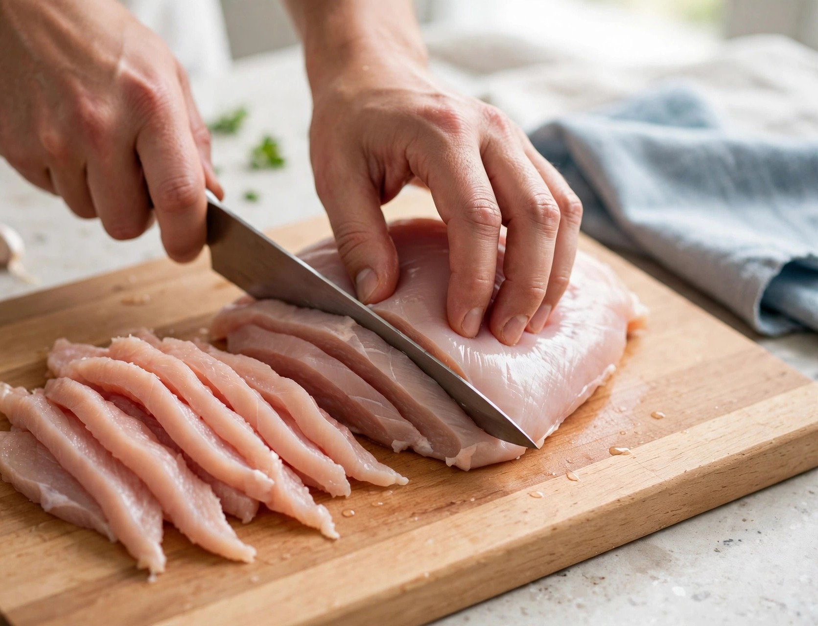 Hands slicing a chicken breast into thin even strips on a wooden cutting board for homemade dog treats.